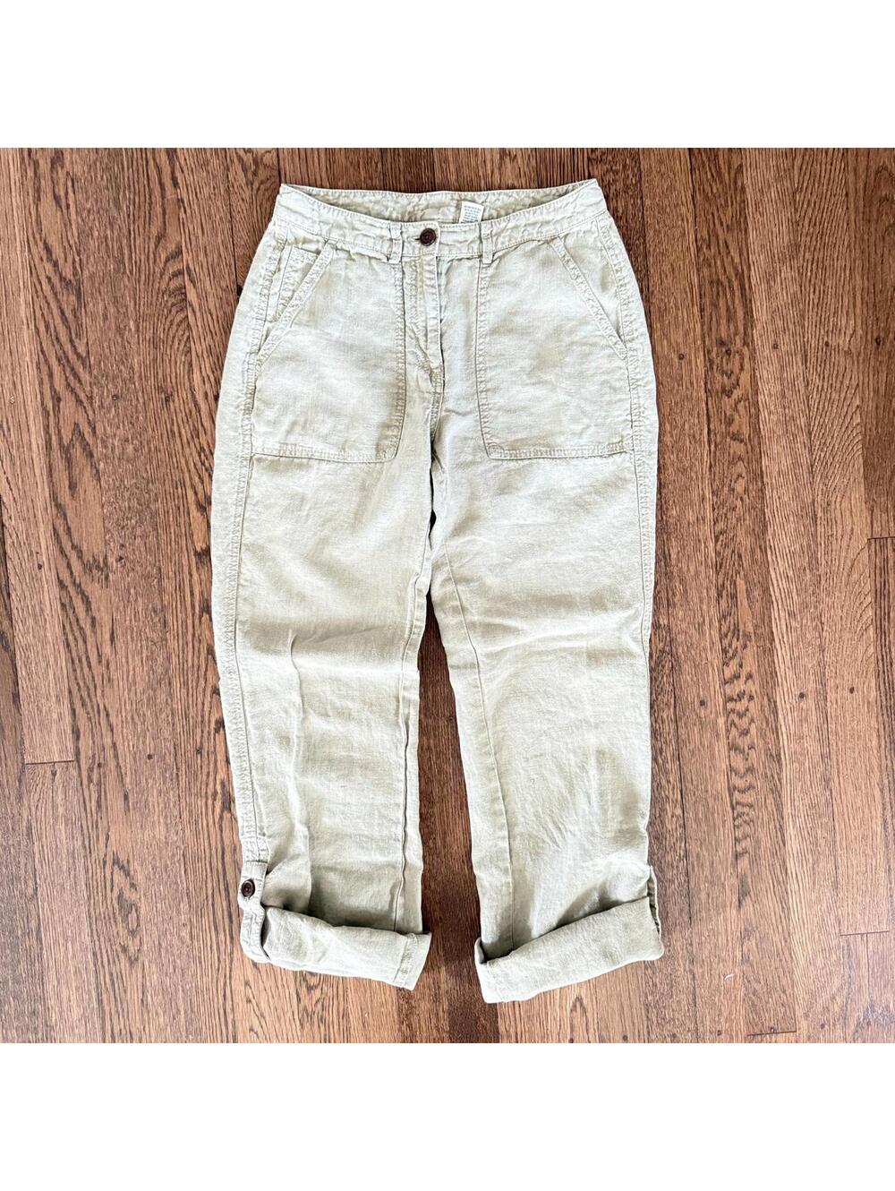 L.L. Bean Khaki Linen Utility Roll-Up Pants Women's Size 8 Tall, 8T